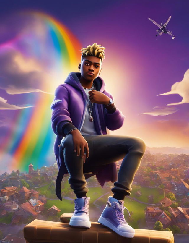 A 32k HD Fortnite poster featuring Juice WRLD performing rap music in Tilted Towers under a purple sky with a rainbow.