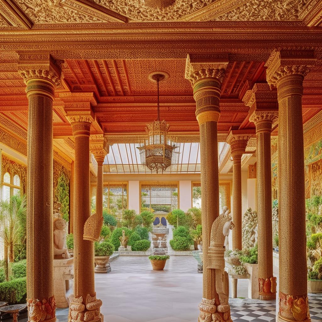 A lavish palace fit for a king, with opulent architectural details, grand pillars, intricate carvings, and lush, royal gardens surrounding it.