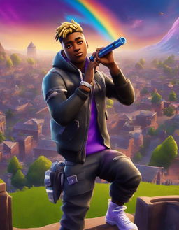 A 32k HD Fortnite poster featuring Juice WRLD performing rap music in Tilted Towers under a purple sky with a rainbow.