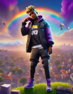 A 32k HD Fortnite poster featuring Juice WRLD performing rap music in Tilted Towers under a purple sky with a rainbow.