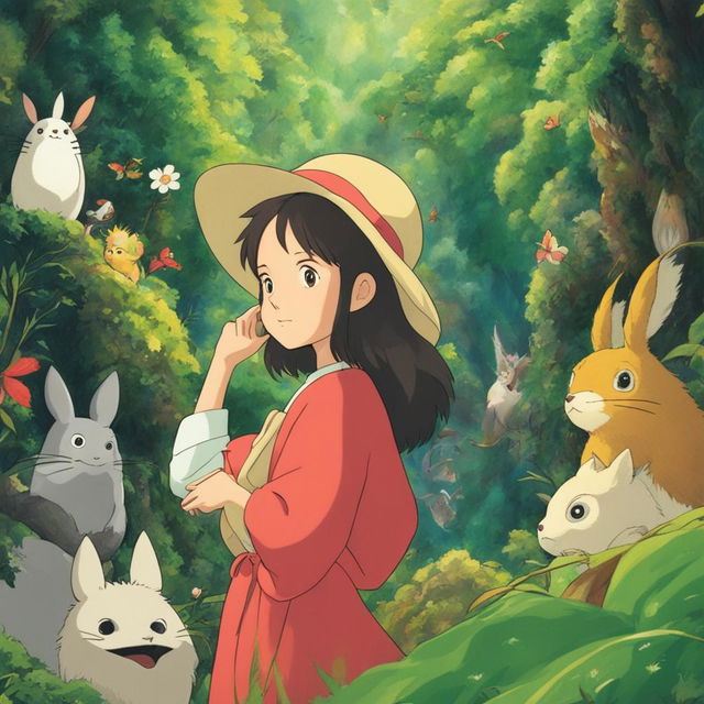 Studio Ghibli-inspired profile picture featuring a young woman in traditional Ghibli attire amidst a lush forest filled with iconic Ghibli creatures