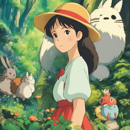 Studio Ghibli-inspired profile picture featuring a young woman in traditional Ghibli attire amidst a lush forest filled with iconic Ghibli creatures