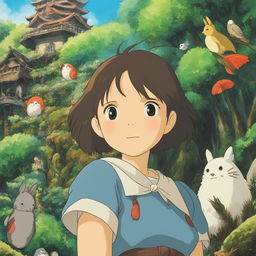 Studio Ghibli-inspired profile picture featuring a young woman in traditional Ghibli attire amidst a lush forest filled with iconic Ghibli creatures