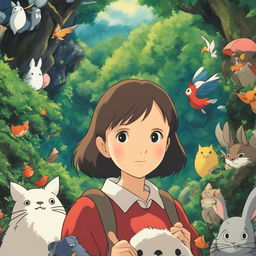 Studio Ghibli-inspired profile picture featuring a young woman in traditional Ghibli attire amidst a lush forest filled with iconic Ghibli creatures