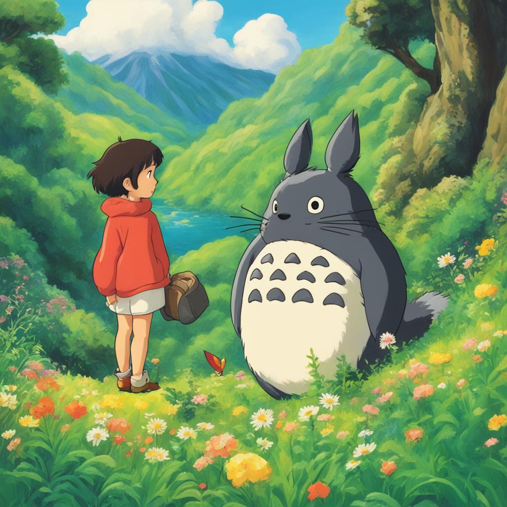 A detailed Studio Ghibli-inspired profile picture featuring a character in a lush landscape interacting with iconic Ghibli creatures