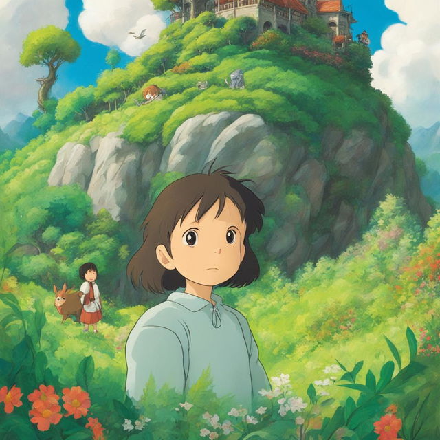 A detailed Studio Ghibli-inspired profile picture featuring a character in a lush landscape interacting with iconic Ghibli creatures