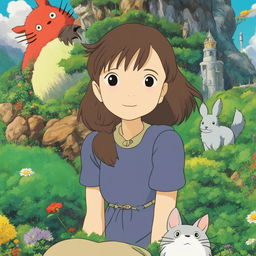 A detailed Studio Ghibli-inspired profile picture featuring a character in a lush landscape interacting with iconic Ghibli creatures