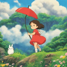 A detailed Studio Ghibli-inspired profile picture featuring a character in a lush landscape interacting with iconic Ghibli creatures