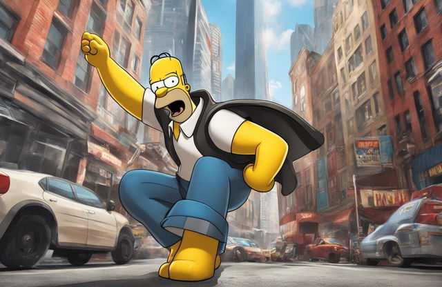 Homer Simpson as a Marvel superhero, wearing a custom suit and striking a heroic pose in a cityscape.