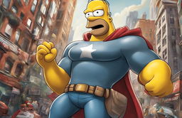 Homer Simpson as a Marvel superhero, wearing a custom suit and striking a heroic pose in a cityscape.