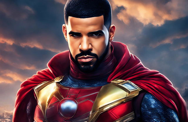 Digital art portrait of rapper Drake in Marvel superhero attire against a dramatic backdrop.