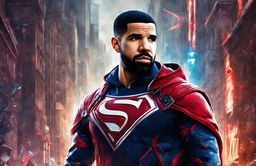 Digital art portrait of rapper Drake in Marvel superhero attire against a dramatic backdrop.