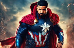 Digital art portrait of rapper Drake in Marvel superhero attire against a dramatic backdrop.