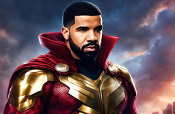 Digital art portrait of rapper Drake in Marvel superhero attire against a dramatic backdrop.