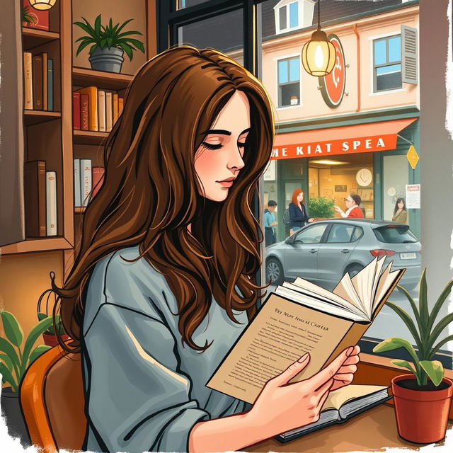 A 20-year-old woman with long, wavy hair, immersed in reading a book while seated at a window in a charming cafe