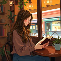 A 20-year-old woman with long, wavy hair, immersed in reading a book while seated at a window in a charming cafe