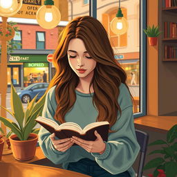 A 20-year-old woman with long, wavy hair, immersed in reading a book while seated at a window in a charming cafe