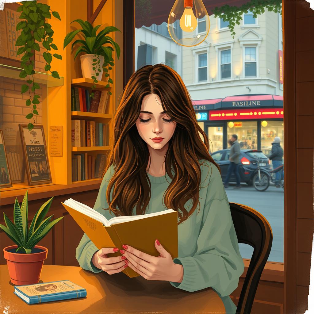 A 20-year-old woman with long, wavy hair, immersed in reading a book while seated at a window in a charming cafe