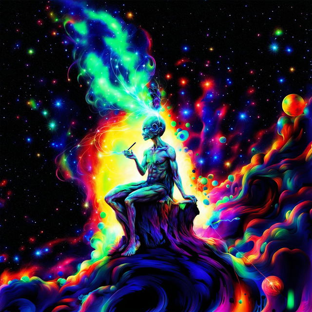 Psychedelic visionary art piece featuring a humanlike galactic entity lighting a comet cigarette on a star amidst celestial bodies, fluid shapes, and abstract patterns