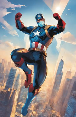 Marvel-style comic book cover featuring Captain Covid, a new superhero wearing a high-tech surgical mask and standing atop a skyscraper overlooking the city