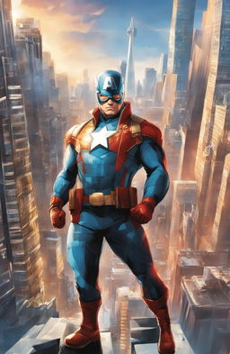 Marvel-style comic book cover featuring Captain Covid, a new superhero wearing a high-tech surgical mask and standing atop a skyscraper overlooking the city