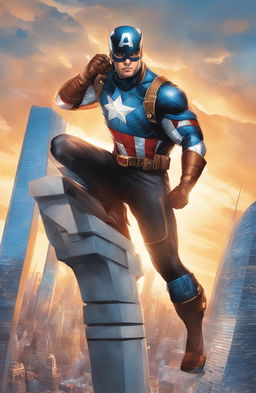 Marvel-style comic book cover featuring Captain Covid, a new superhero wearing a high-tech surgical mask and standing atop a skyscraper overlooking the city