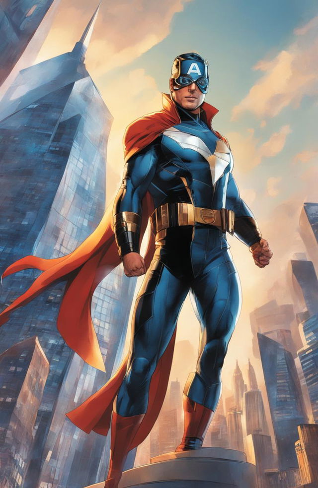 Marvel-style comic book cover featuring Captain Covid, a new superhero wearing a high-tech surgical mask and standing atop a skyscraper overlooking the city