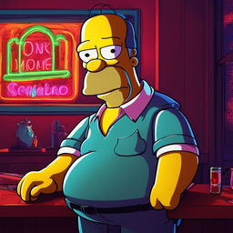 Digital art of Homer Simpson styled as Tony Soprano in a dimly lit room with 'Moe's' neon sign in the background.