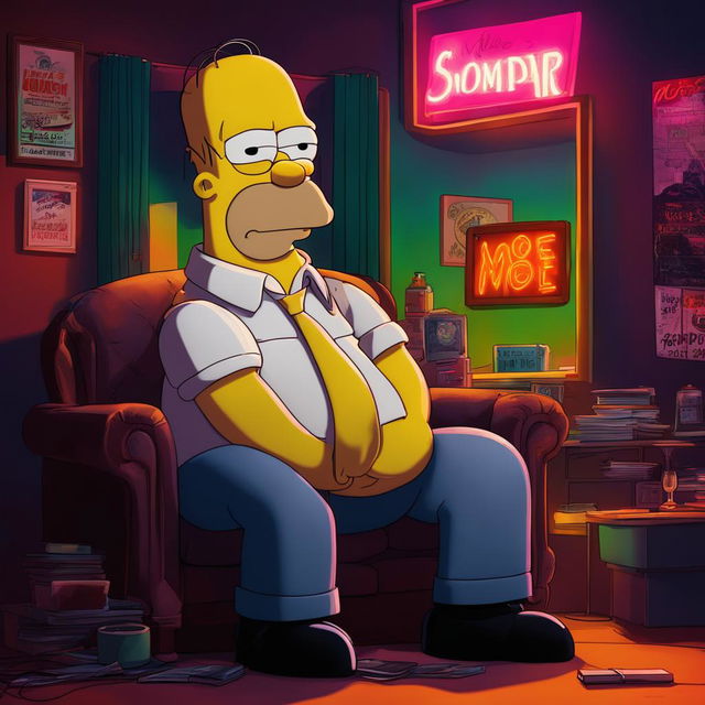 Digital art of Homer Simpson styled as Tony Soprano in a dimly lit room with 'Moe's' neon sign in the background.