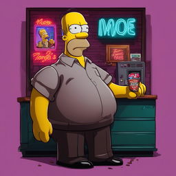 Digital art of Homer Simpson styled as Tony Soprano in a dimly lit room with 'Moe's' neon sign in the background.