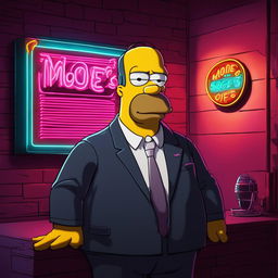 Digital art of Homer Simpson styled as Tony Soprano in a dimly lit room with 'Moe's' neon sign in the background.