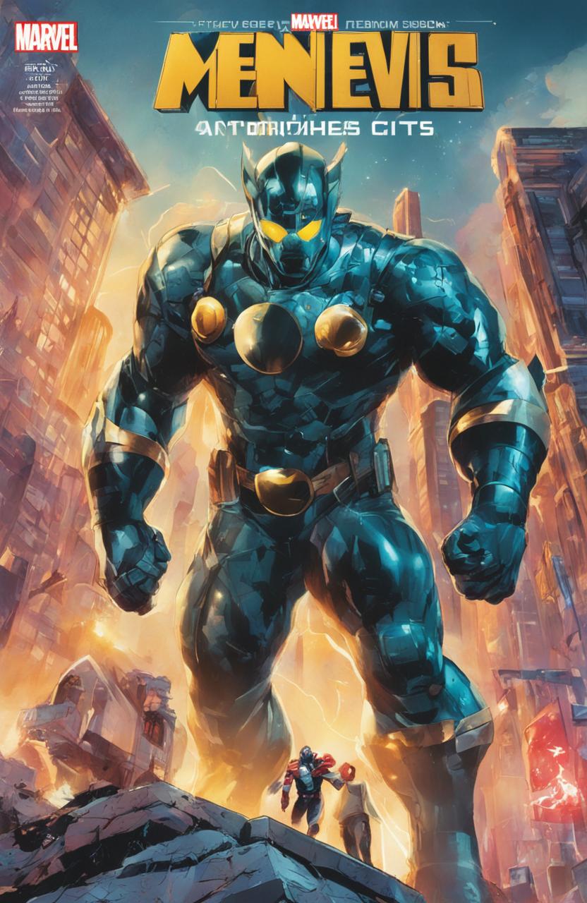 Marvel-style comic book cover featuring Covid-19, Captain Covid's anthropomorphized virus nemesis, looming menacingly over the city