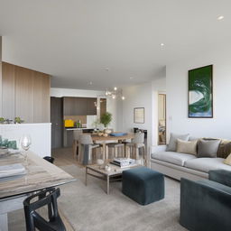 A modern and stylish three bedroom, two bathroom apartment with a large, open-concept living area and high-end finishes.