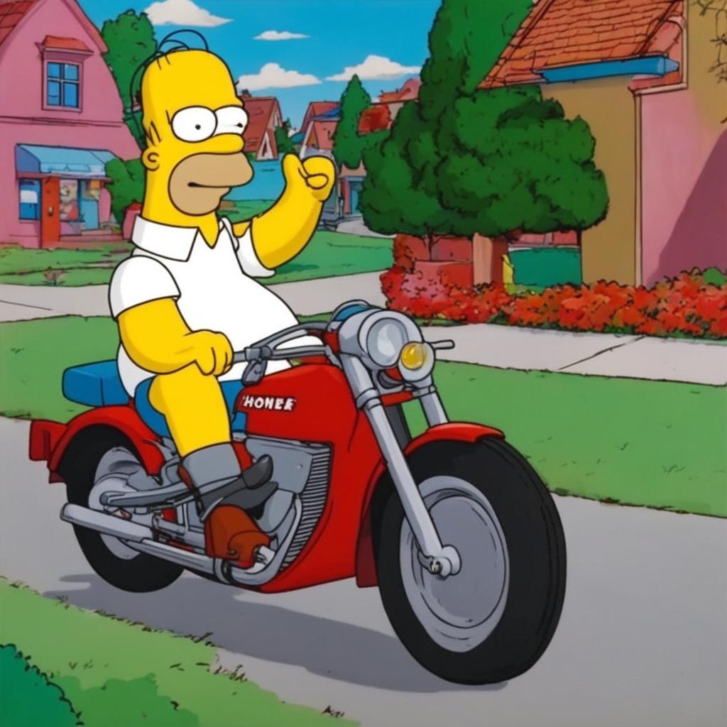 Homer Simpson excitedly driving a red Honda CR6 through Springfield.