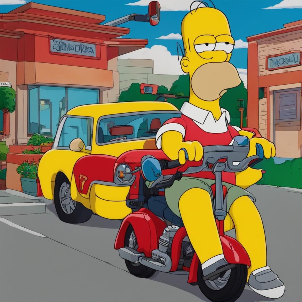 Homer Simpson excitedly driving a red Honda CR6 through Springfield.