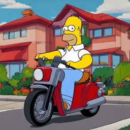 Homer Simpson excitedly driving a red Honda CR6 through Springfield.