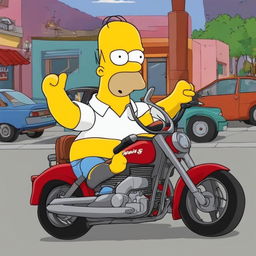 Homer Simpson excitedly driving a red Honda CR6 through Springfield.