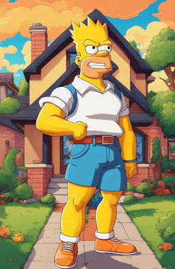 Goku reimagined as a Simpsons character in a retro 90s cartoon style, standing in front of the Simpson's family home.