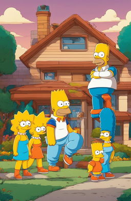 Goku reimagined as a Simpsons character in a retro 90s cartoon style, standing in front of the Simpson's family home.