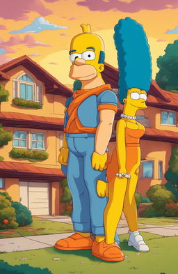 Goku reimagined as a Simpsons character in a retro 90s cartoon style, standing in front of the Simpson's family home.