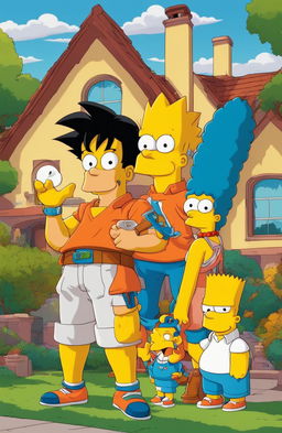 Goku reimagined as a Simpsons character in a retro 90s cartoon style, standing in front of the Simpson's family home.