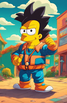 A portrait of Goku reimagined as a Simpsons character in a retro 90s cartoon style.