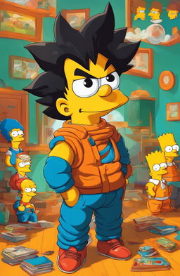 A portrait of Goku reimagined as a Simpsons character in a retro 90s cartoon style.