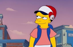 Ash Ketchum as a Simpsons character in his iconic outfit with a simple blue gradient background.