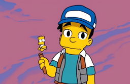 Ash Ketchum as a Simpsons character in his iconic outfit with a simple blue gradient background.