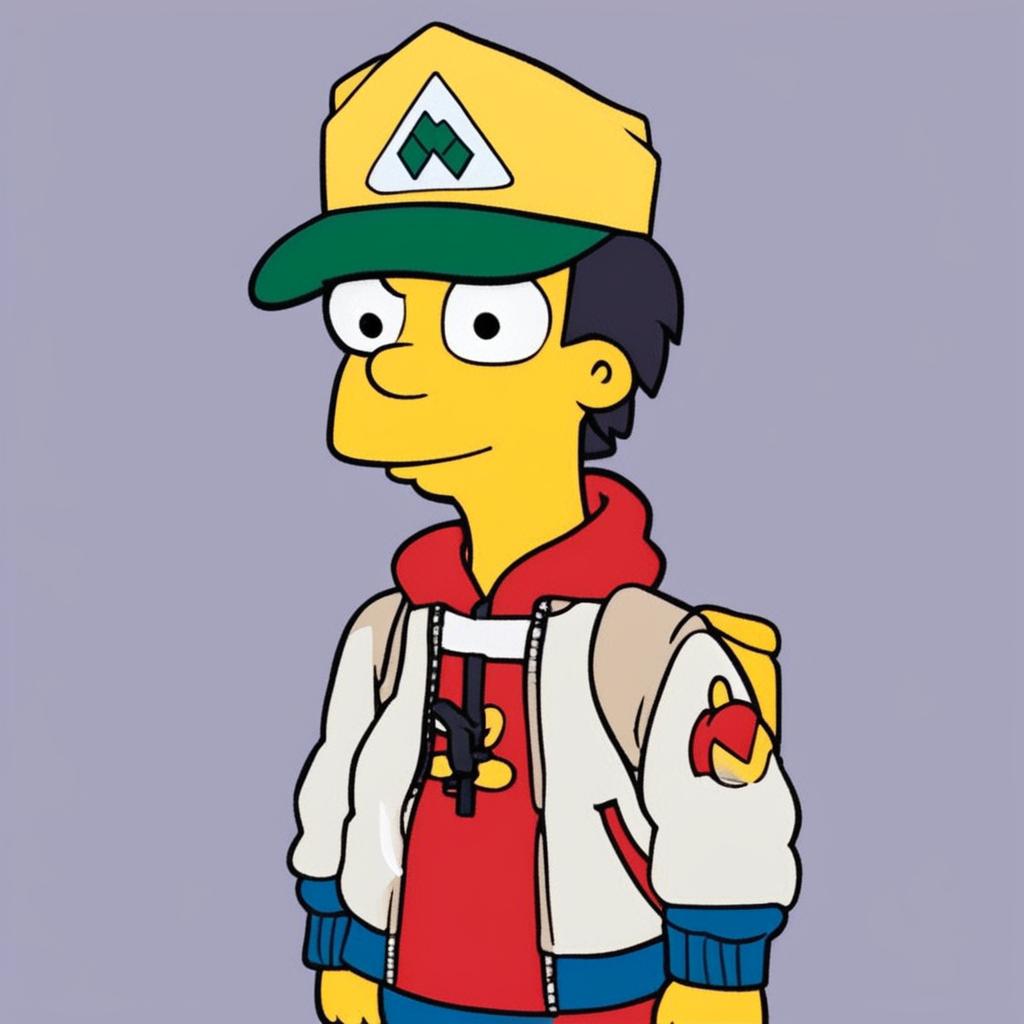 Simpsons-style Ash Ketchum in his iconic outfit against a simple blue gradient background.