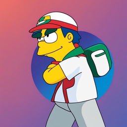 Simpsons-style Ash Ketchum in his iconic outfit against a simple blue gradient background.