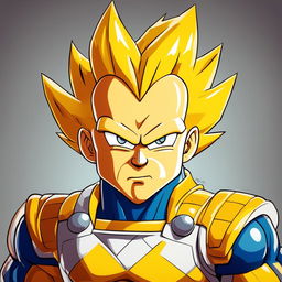 Simpsons-style portrait of Vegeta from Dragon Ball Z with yellow spiky hair, round eyes, simplified physique, and classic Saiyan armor