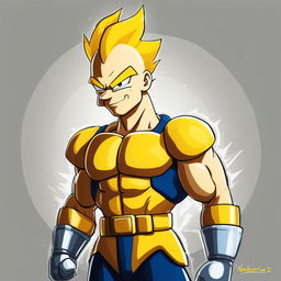 Simpsons-style portrait of Vegeta from Dragon Ball Z with yellow spiky hair, round eyes, simplified physique, and classic Saiyan armor