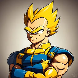 Simpsons-style portrait of Vegeta from Dragon Ball Z with yellow spiky hair, round eyes, simplified physique, and classic Saiyan armor